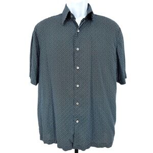 CLAIBORNE Men's M Modern Fit Navy Blue Geometric Short Sleeve Button Down Shirt